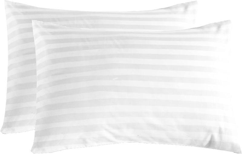 القيلولة زين طقم غطاء وسادة سيستا زين من القطن بنسبة 100%، بجودة فندقية فاخرة، مصنوع من الساتان - مخطط من الساتان بعرض 2 سم، فائق النعومة، يسمح بمرور الهواء ومضاد للحساسية (أبيض، زوج غطاء وسادة H.W) - Image 1